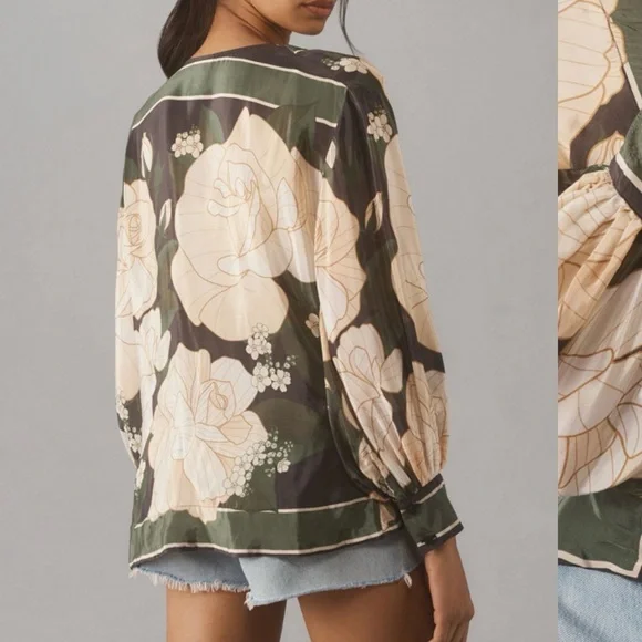 New Anthropologie Farm Rio Long-Sleeve Silky Top Blouse Shirt Green Floral Sz M - Picture 2 of 5